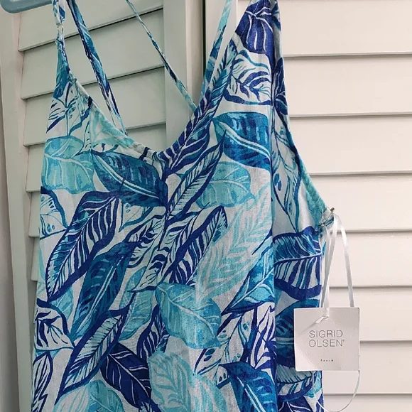 Sigrid Olsen | Swim | Sigrid Olsen Linen Coverup Dress Aqua And Navy Leaf  Design | Poshmark